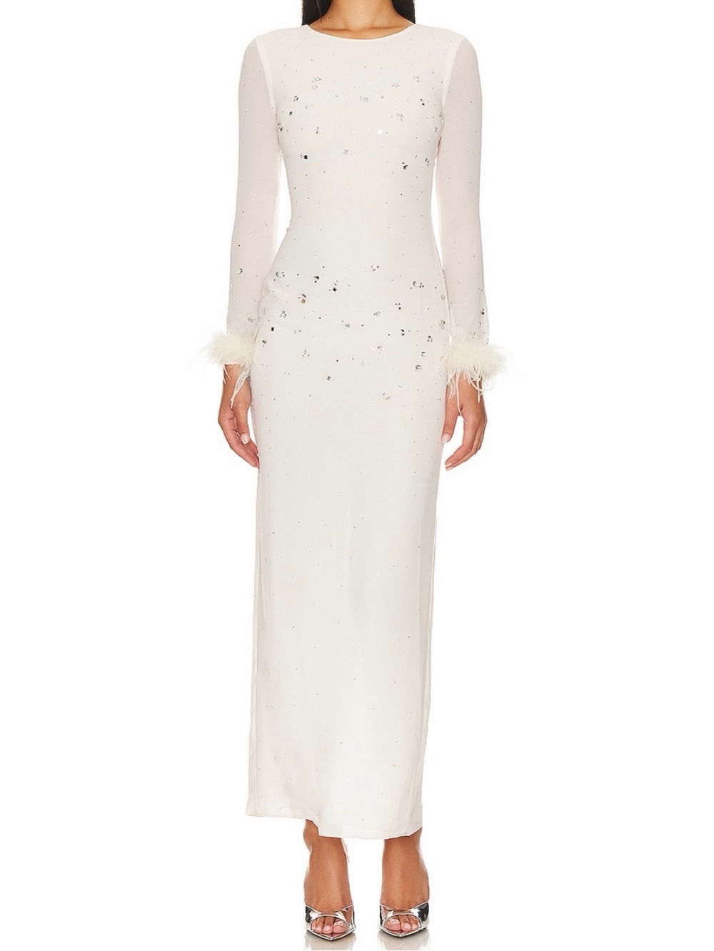 NBD White Long-Sleeve Feather Cuff Maxi Dress